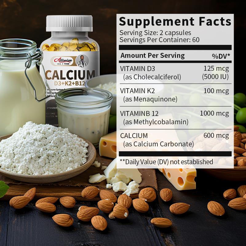 Alliwise Calcium Vitamins Soft Capsules 600mcg with Vitamin D3 K2 B12 5000 IU Calcium Supplements 4-in-1 for Women & Men for Heart, Bone & Body