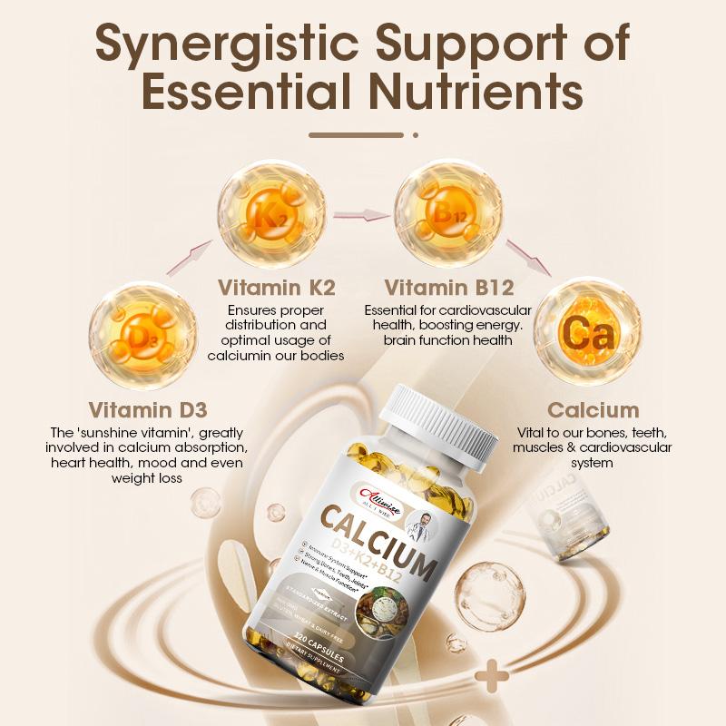 Alliwise Calcium Vitamins Soft Capsules 600mcg with Vitamin D3 K2 B12 5000 IU Calcium Supplements 4-in-1 for Women & Men for Heart, Bone & Body