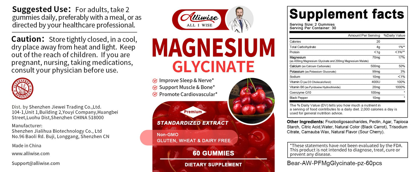 Alliwise Magnesium Glycinate Gummies 400MG - High Absorption Magnesium with B6 & D3 Chewable Magnesium Gummies for Adults Promote Sleep, Calm Mood and Digestion