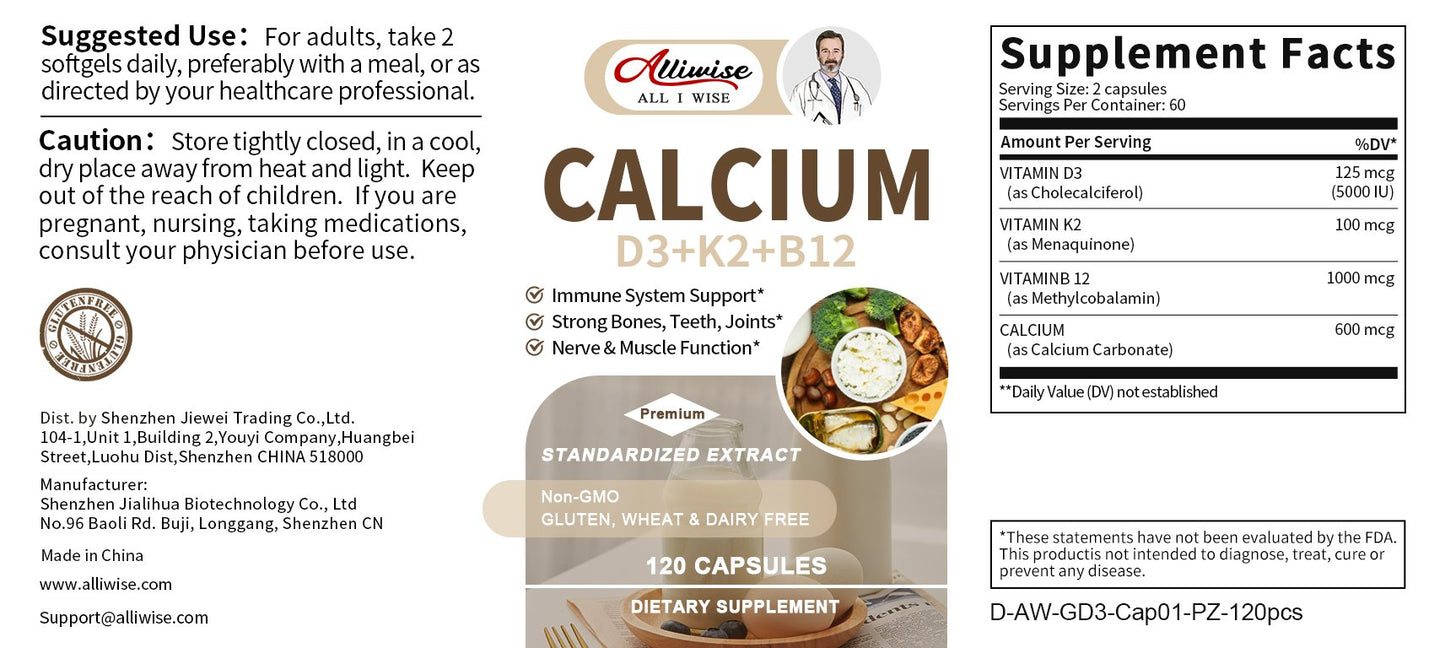 Alliwise Calcium Vitamins Soft Capsules 600mcg with Vitamin D3 K2 B12 5000 IU Calcium Supplements 4-in-1 for Women & Men for Heart, Bone & Body