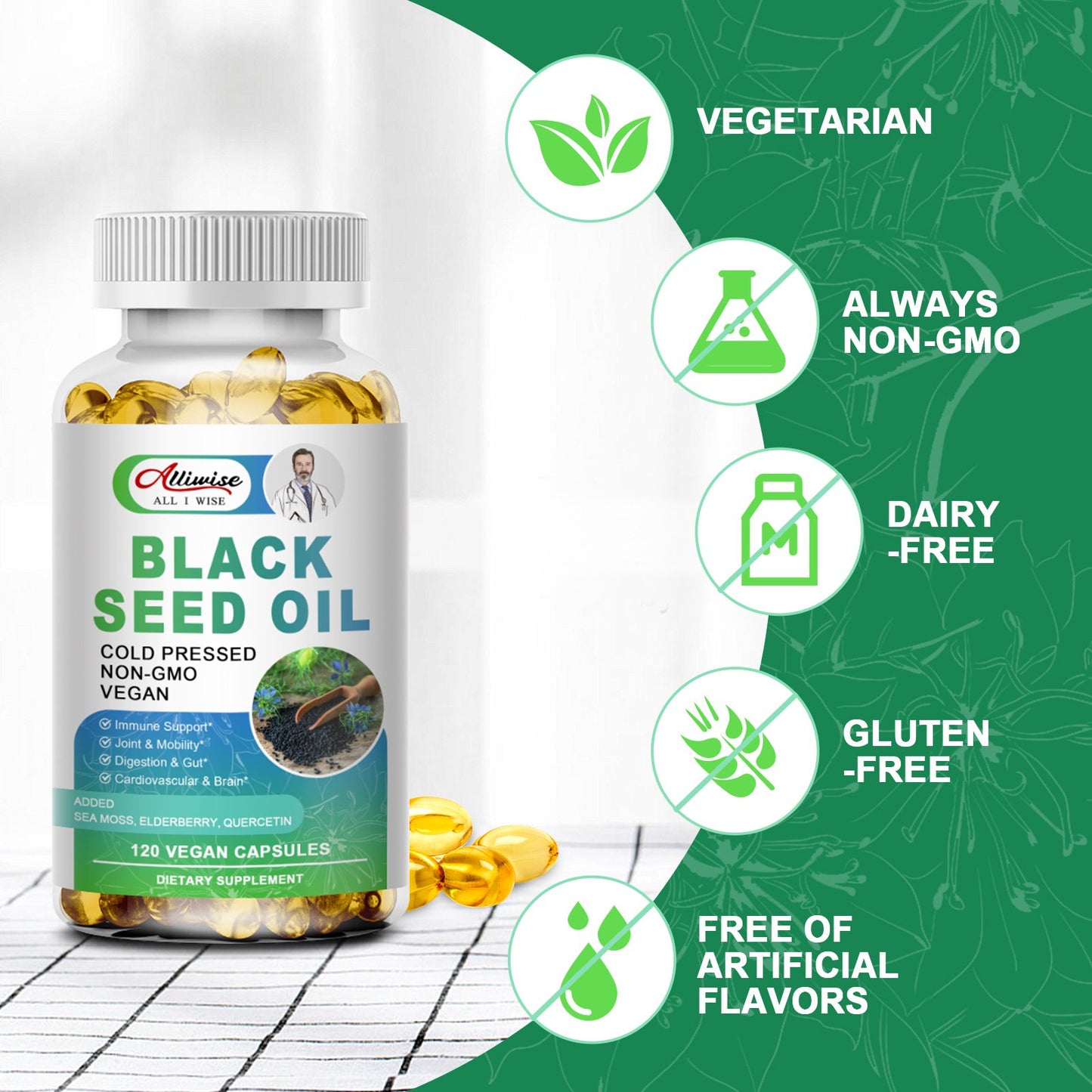 Alliwise Black Seed Oil Capsules Cold Pressed Nigella Sativa Black Cumin Seed Oil, Supports Immune System&Cardiovascular Health, Digestive Health,Joint & Skin Health