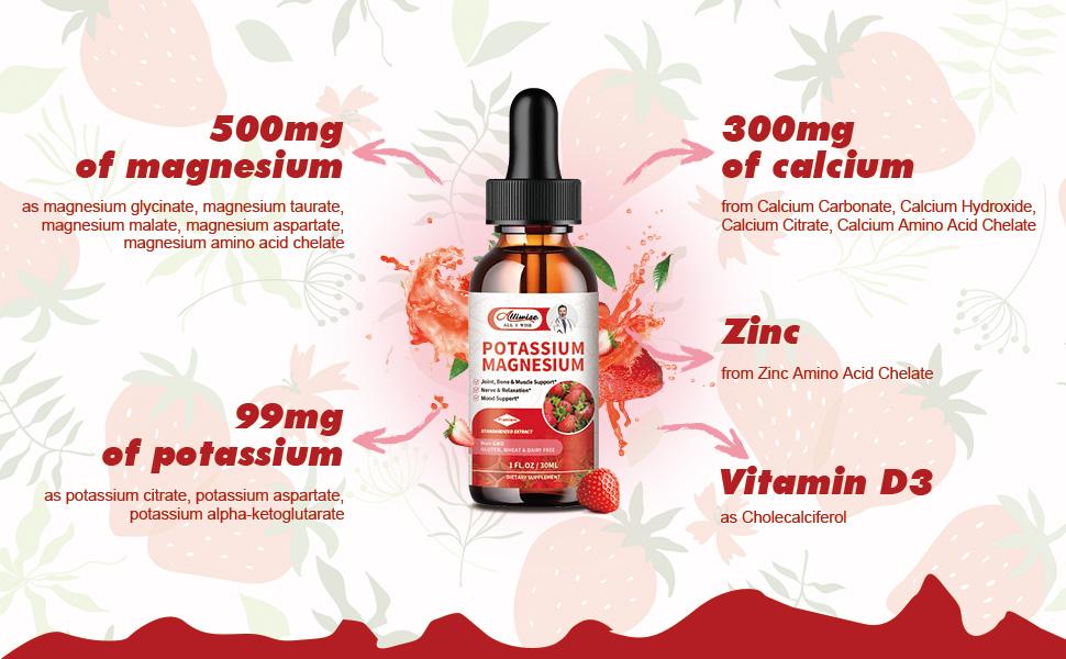 2 Pack Potassium Magnesium Supplement Liquid Drops Strawberry Flavor