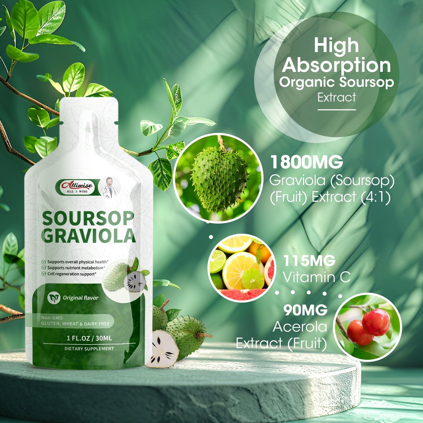 Alliwise Soursop Graviola Liquid 1800mg for Cell Support & Regeneration, Immune Boost, High Absorption Soursop Bitters Drink