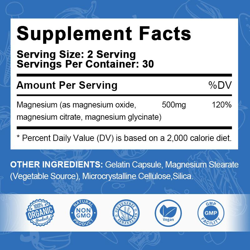 Alliwise Magnesium Complex 500mg of Magnesium Glycinate, Oxide&Citrate for Muscle Relaxation, Nerves Health& Energy-60capsules