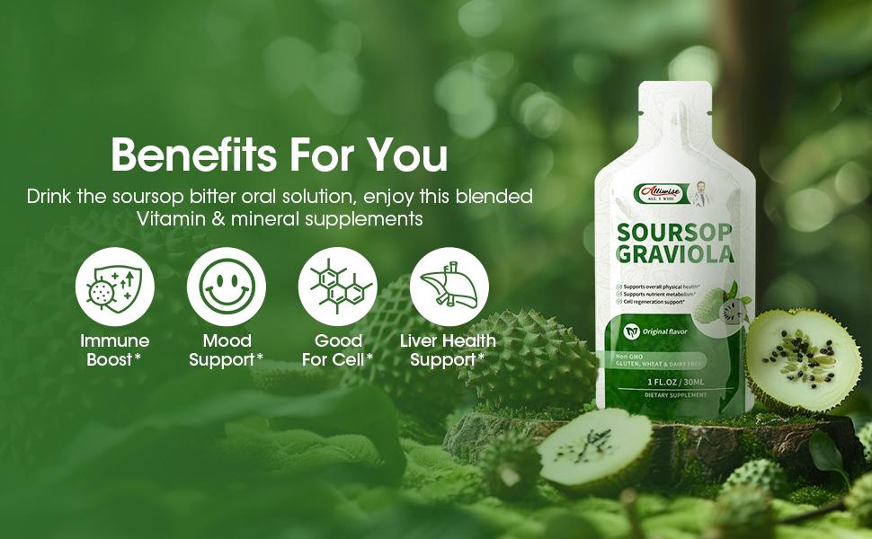 Alliwise Soursop Graviola Liquid 1800mg for Cell Support & Regeneration, Immune Boost, High Absorption Soursop Bitters Drink