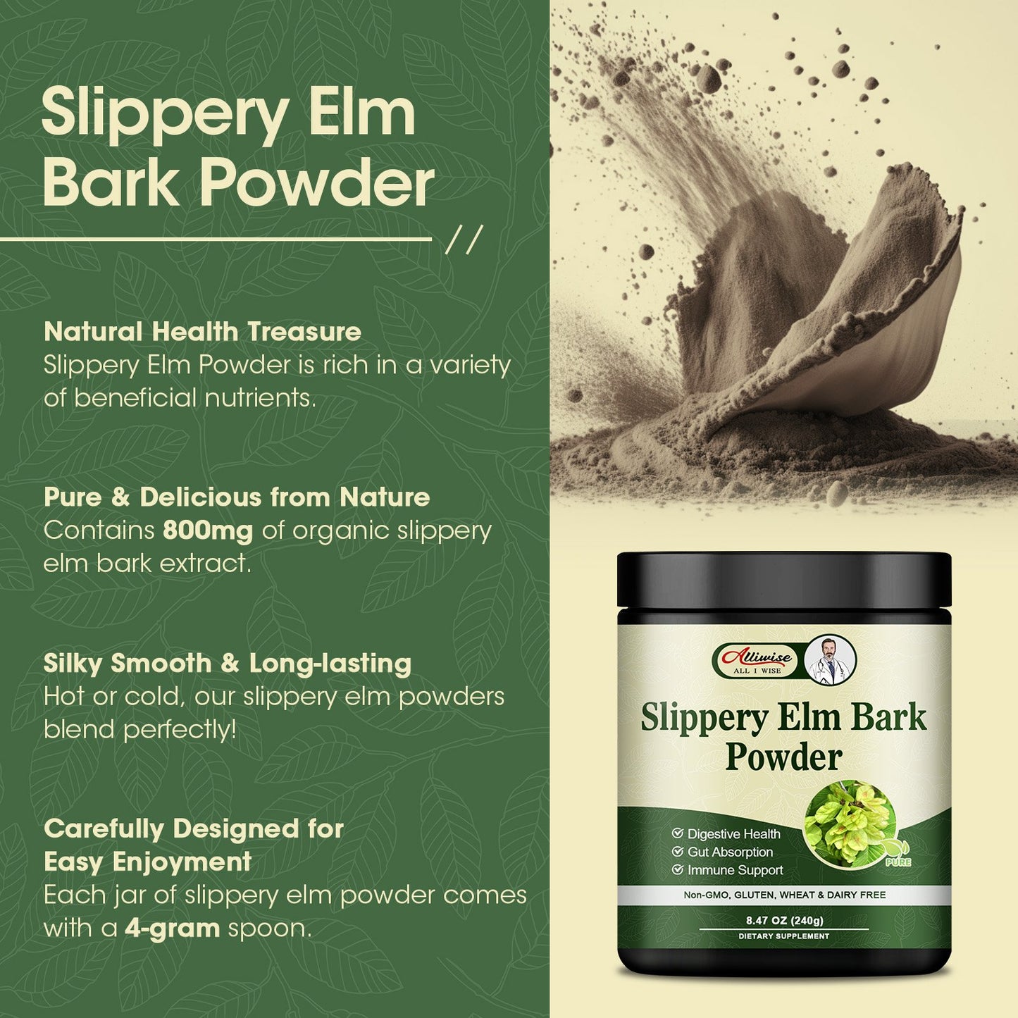 Pure Slippery Elm Powder Natural Herbal Supplement Supports Intestinal Mucous,Helps Soothe The Throat and Coughing
