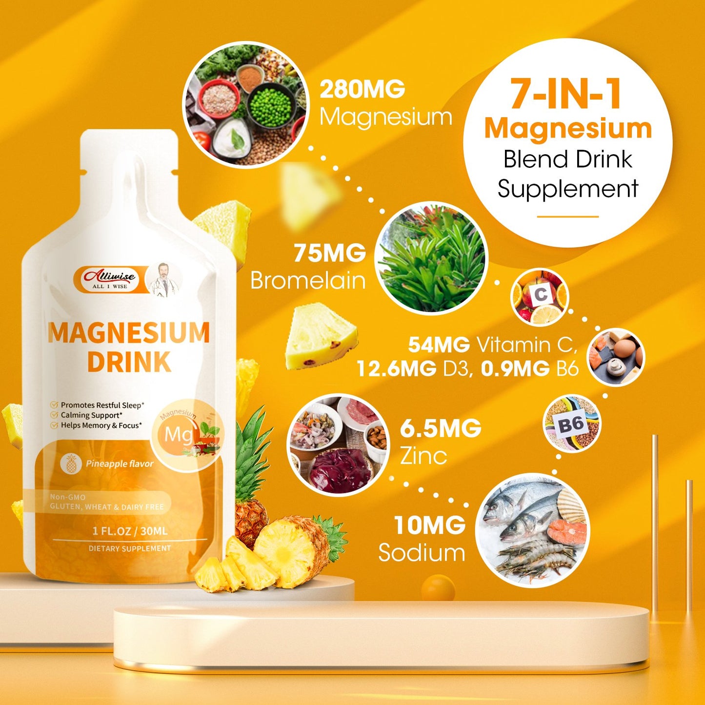 Magnesium Citrate Liquid 280mg Magnesium Drink Oral Solution with Vitamin, Zinc & Sodium Bromelain, Essential Magnesium Supplement Support Immune, Bone Health and Zzz, Pineapple Flavor, 10 Fl Oz