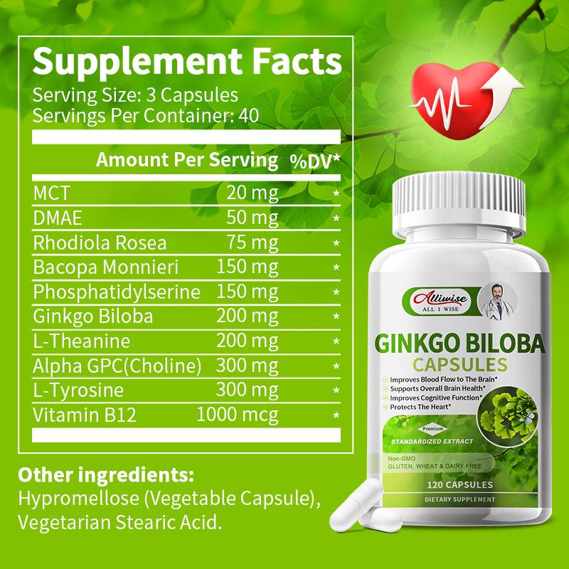 Alliwise Ginkgo Biloba Vegetarian Capsules Extra Supports Brain Function Memory Support