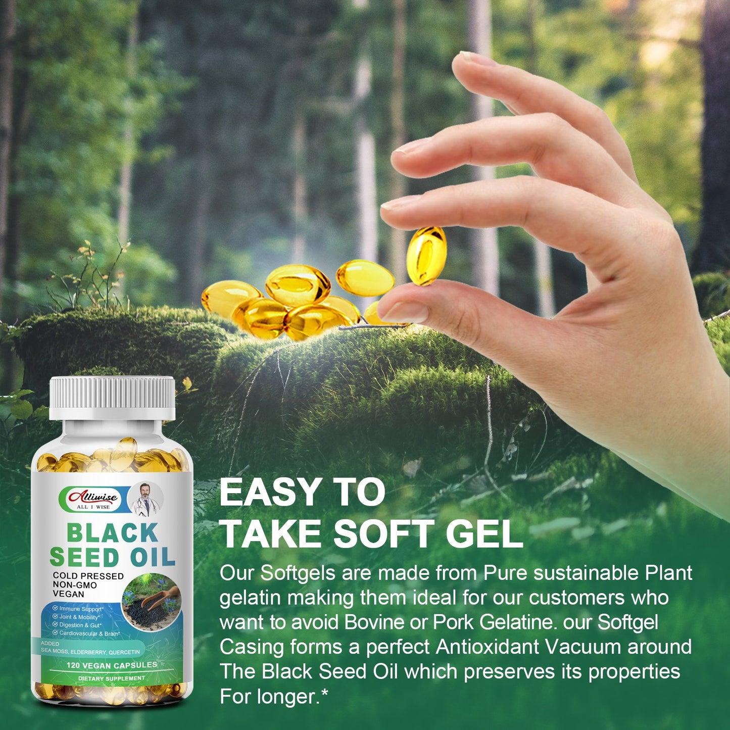 Alliwise Black Seed Oil Soft Capsules Cold Pressed Nigella Sativa Black Cumin Seed Oil, Supports Immune System&Cardiovascular Health, Digestive Health,Joint & Skin Health