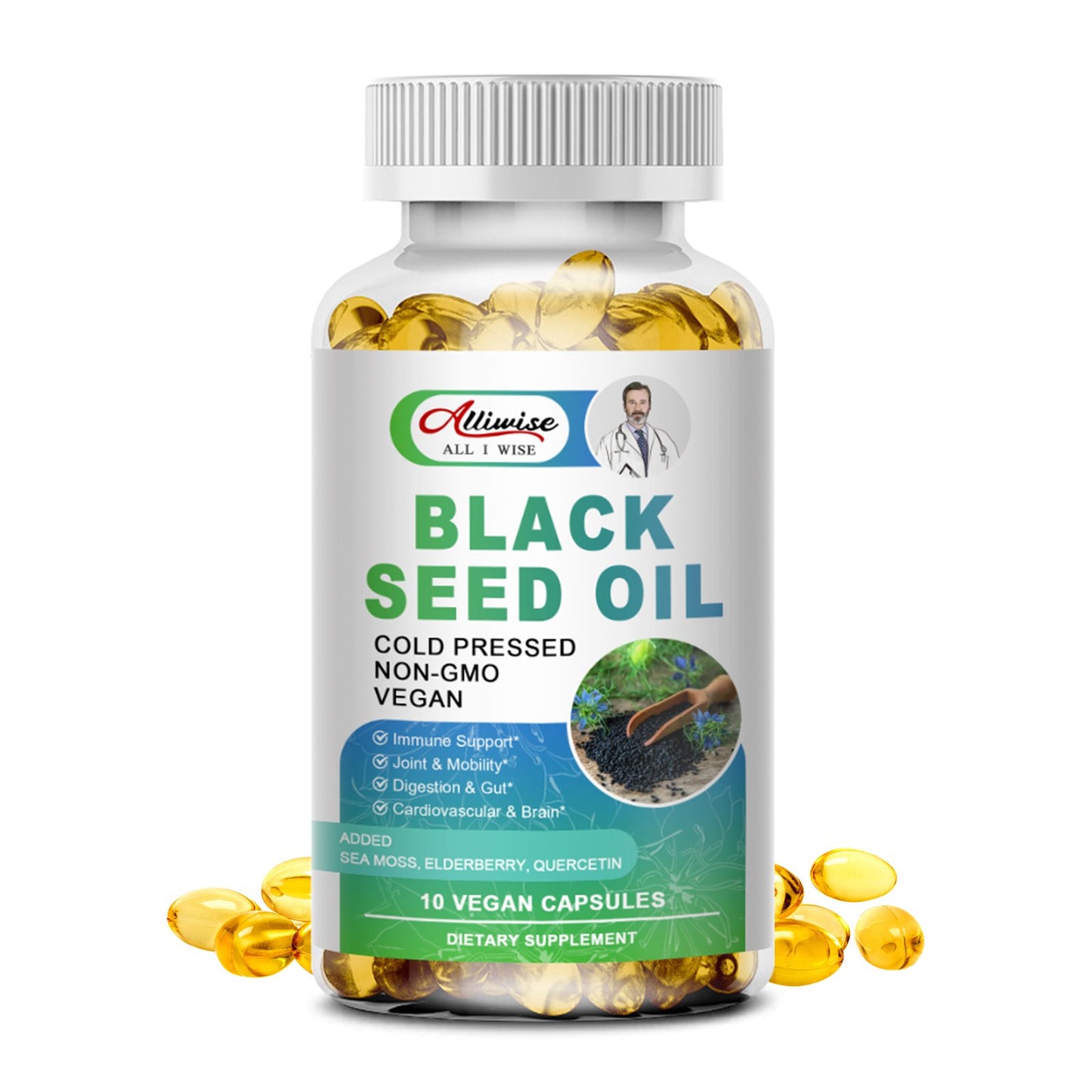 Alliwise Black Seed Oil Soft Capsules Cold Pressed Nigella Sativa Black Cumin Seed Oil, Supports Immune System&Cardiovascular Health, Digestive Health,Joint & Skin Health