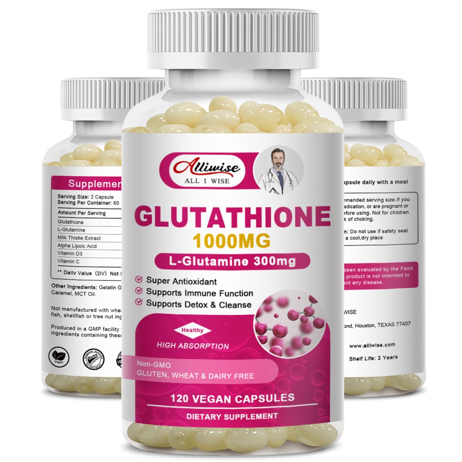 Alliwise Glutathione 1000mg Softgels Capsules L-Glutamine 300mg Alliwise Glutathione 1000mg Softgels Capsules L-Glutamine 300mg