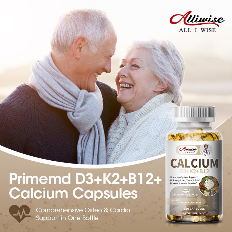 Alliwise Calcium Vitamins Soft Capsules 600mcg with Vitamin D3 K2 B12 5000 IU Calcium Supplements 4-in-1 for Women & Men for Heart, Bone & Body