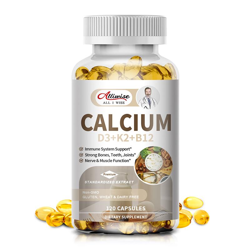 Alliwise Calcium Vitamins Soft Capsules 600mcg with Vitamin D3 K2 B12 5000 IU Calcium Supplements 4-in-1 for Women & Men for Heart, Bone & Body
