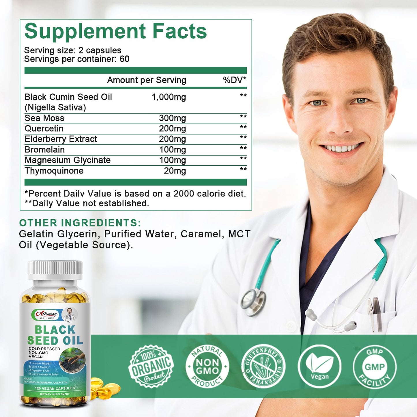 Alliwise Black Seed Oil Soft Capsules Cold Pressed Nigella Sativa Black Cumin Seed Oil, Supports Immune System&Cardiovascular Health, Digestive Health,Joint & Skin Health