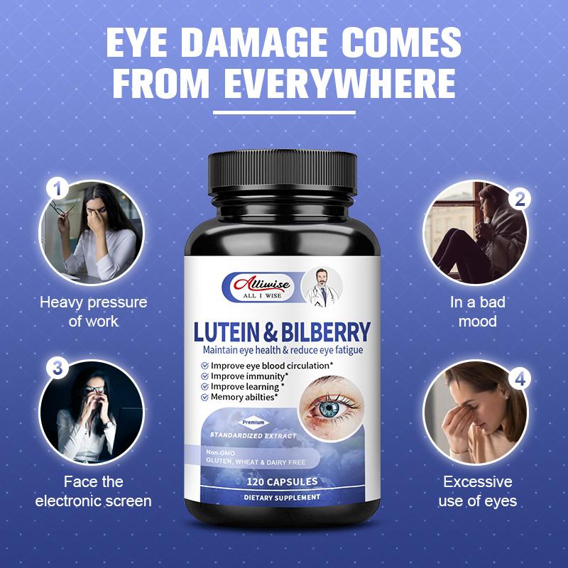 Alliwise Lutein and Zeaxanthin Bilberry Supplements Eye Health Vitamins for Eye Care Blue Light Macular, Red Eyes & Dry Eye