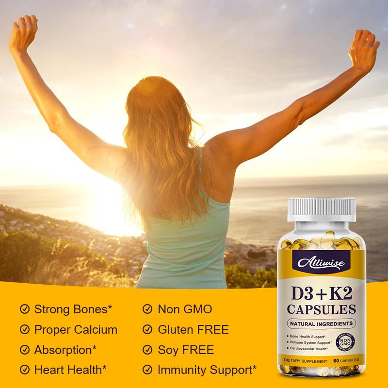 Vegan Vitamin D3 + K2 Soft Gel Capsules Supports Calcium for Stronger Bones & Immune Health VC&VK Complex Dietary Supplement for Adults