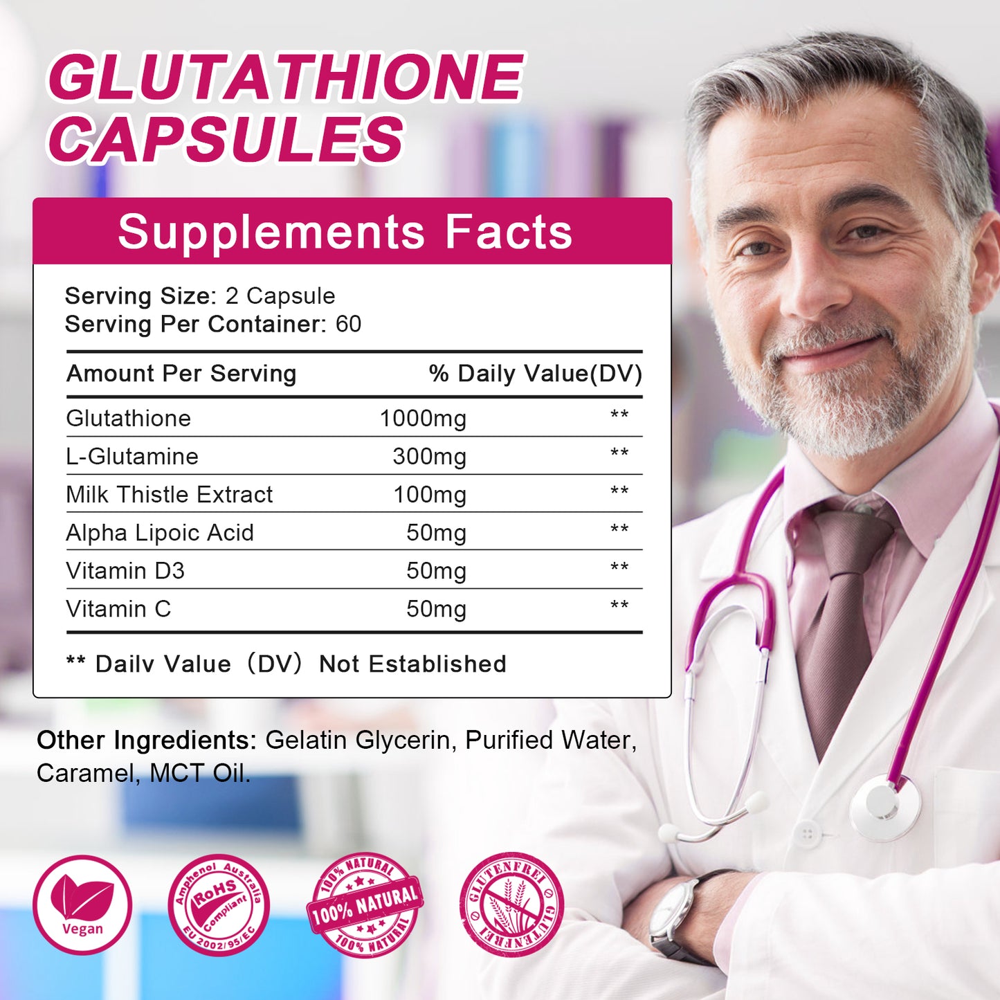 High Strength Liposomal Glutathione Capsules -1000mg Active Reduced Form Glutathione with L-Glutamine 300mg Enhanced Absorption - Non GMO Antioxidant, Detox & Cleanse, Immune Health Support-120 caps