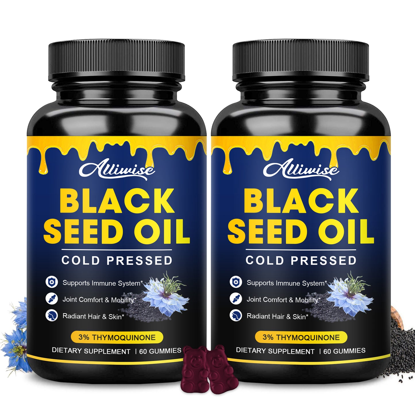 Black Seed Oil Gummies, W/ 3%+ Thymoquinone, Organic Nigella Sativa Seeds Extract, Immune & Joints Support Gummy