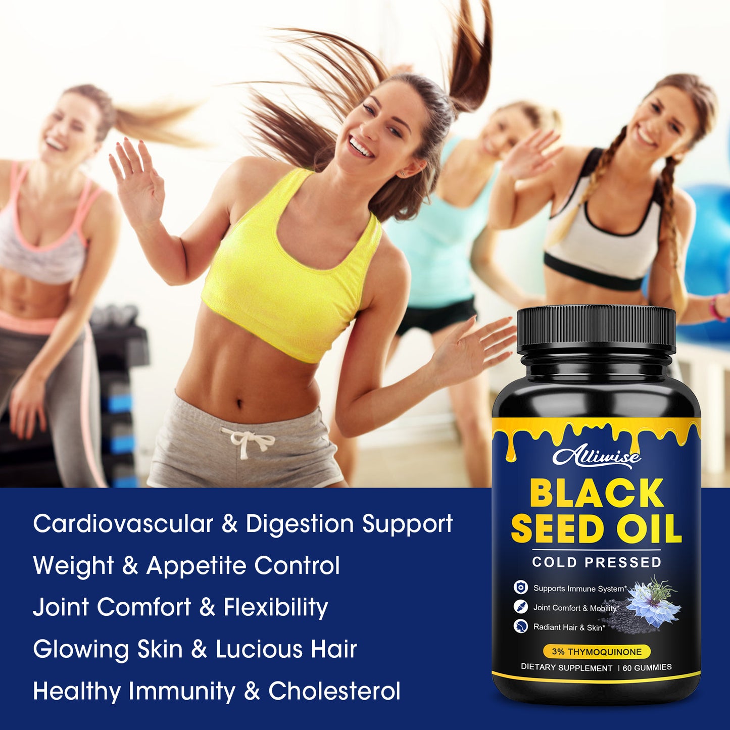 Black Seed Oil Gummies, W/ 3%+ Thymoquinone, Organic Nigella Sativa Seeds Extract, Immune & Joints Support Gummy