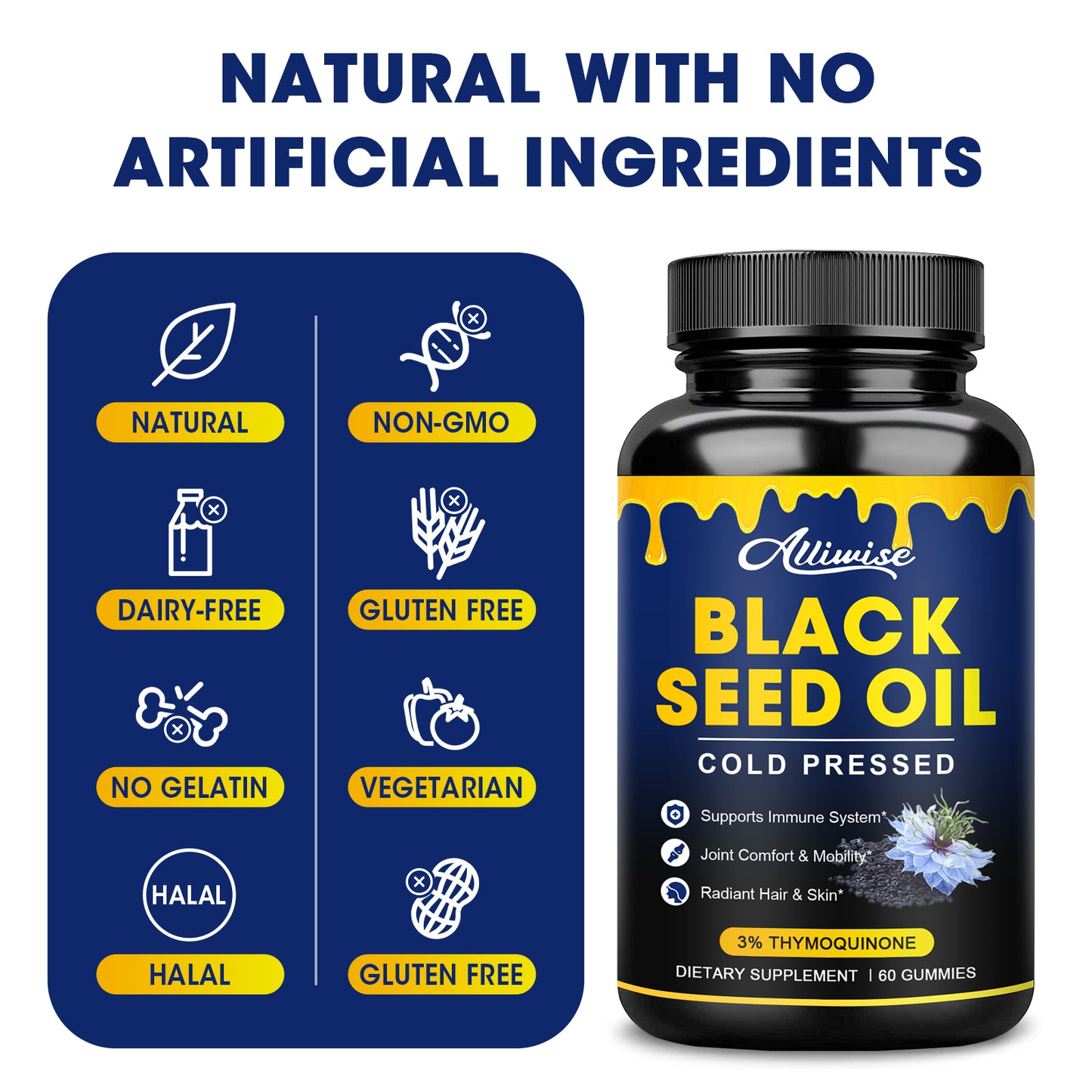 Black Seed Oil Gummies, W/ 3%+ Thymoquinone, Organic Nigella Sativa Seeds Extract, Immune & Joints Support Gummy