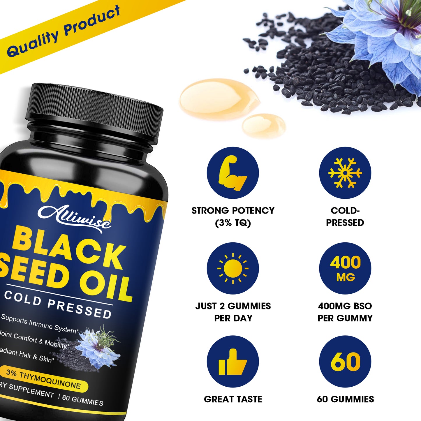 Black Seed Oil Gummies, W/ 3%+ Thymoquinone, Organic Nigella Sativa Seeds Extract, Immune & Joints Support Gummy