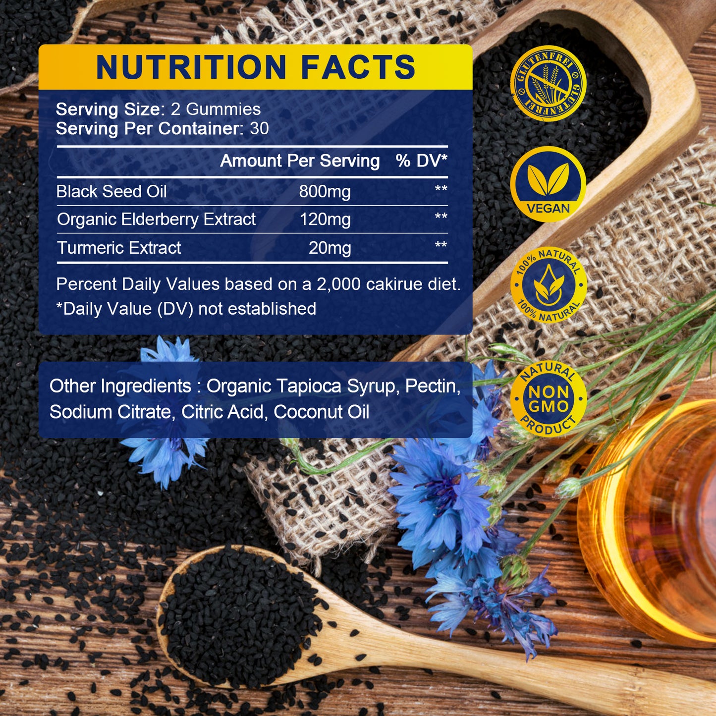 Black Seed Oil Gummies, W/ 3%+ Thymoquinone, Organic Nigella Sativa Seeds Extract, Immune & Joints Support Gummy