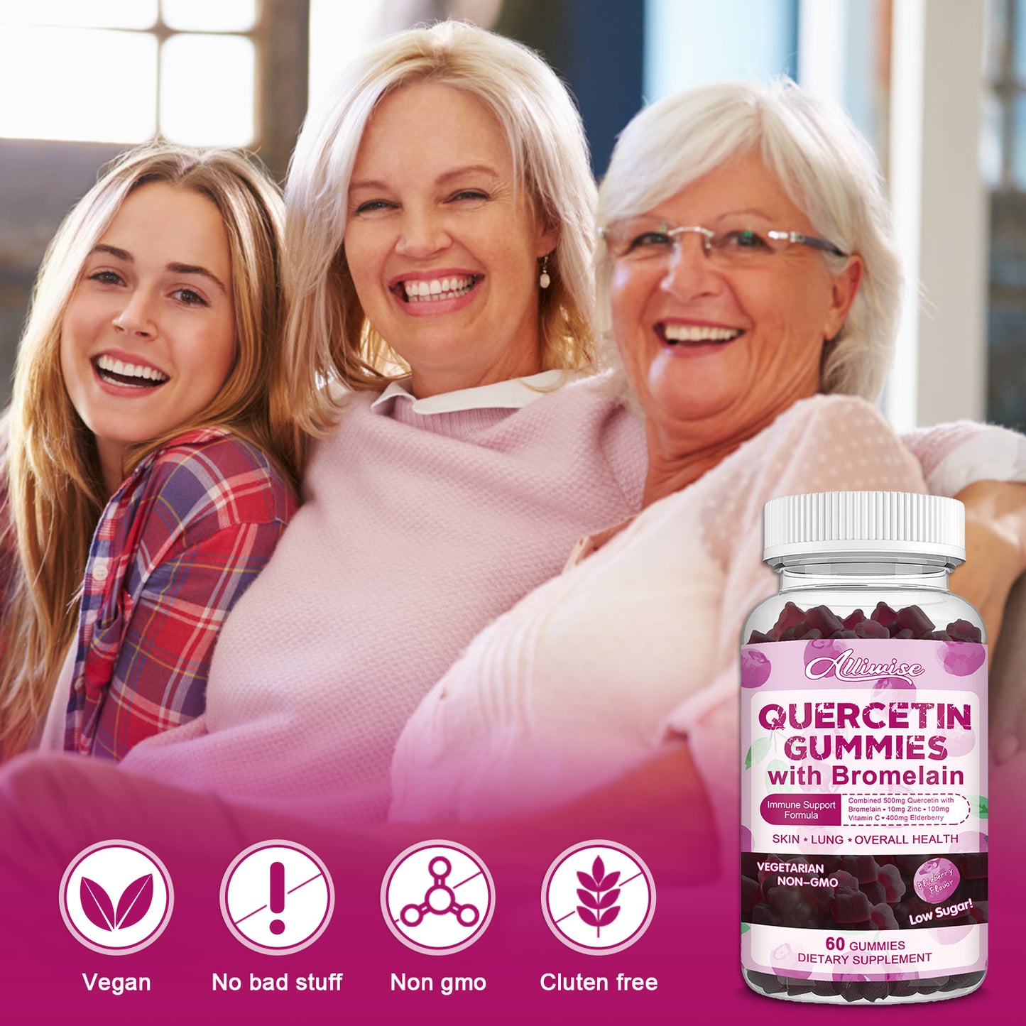 Quercetin 500mg with Bromelain, Zinc Quercetin Gummy with Vitamin C Elderberry