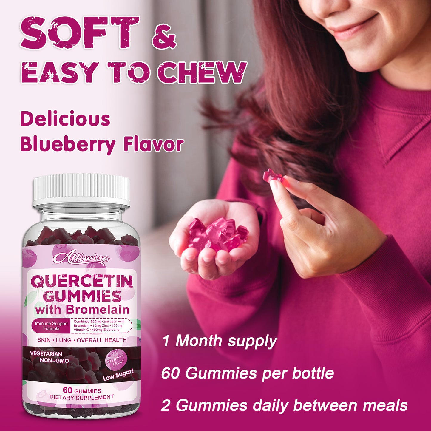 Quercetin 500mg with Bromelain, Zinc Quercetin Gummy with Vitamin C Elderberry
