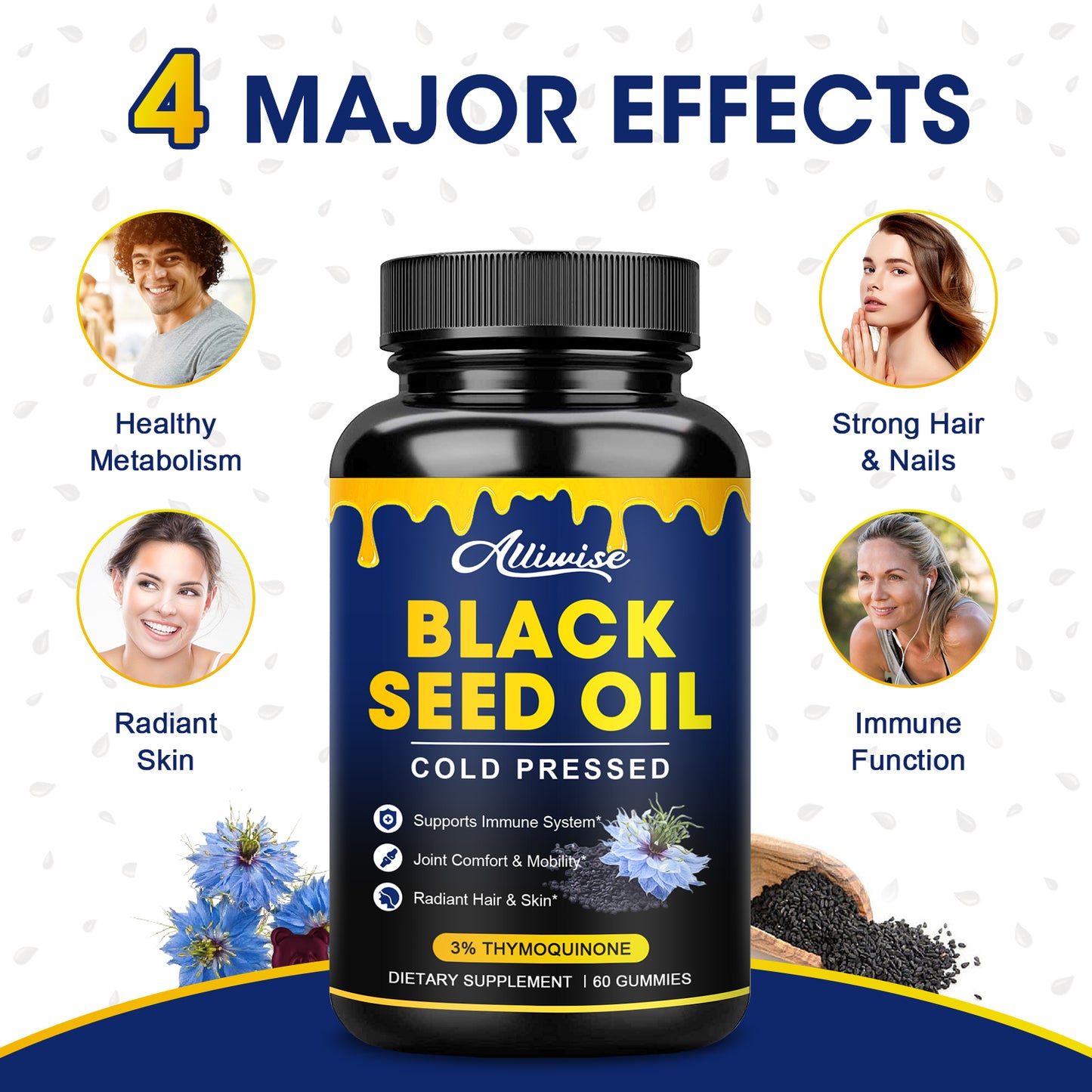 Black Seed Oil Gummies, W/ 3%+ Thymoquinone, Organic Nigella Sativa Seeds Extract, Immune & Joints Support Gummy