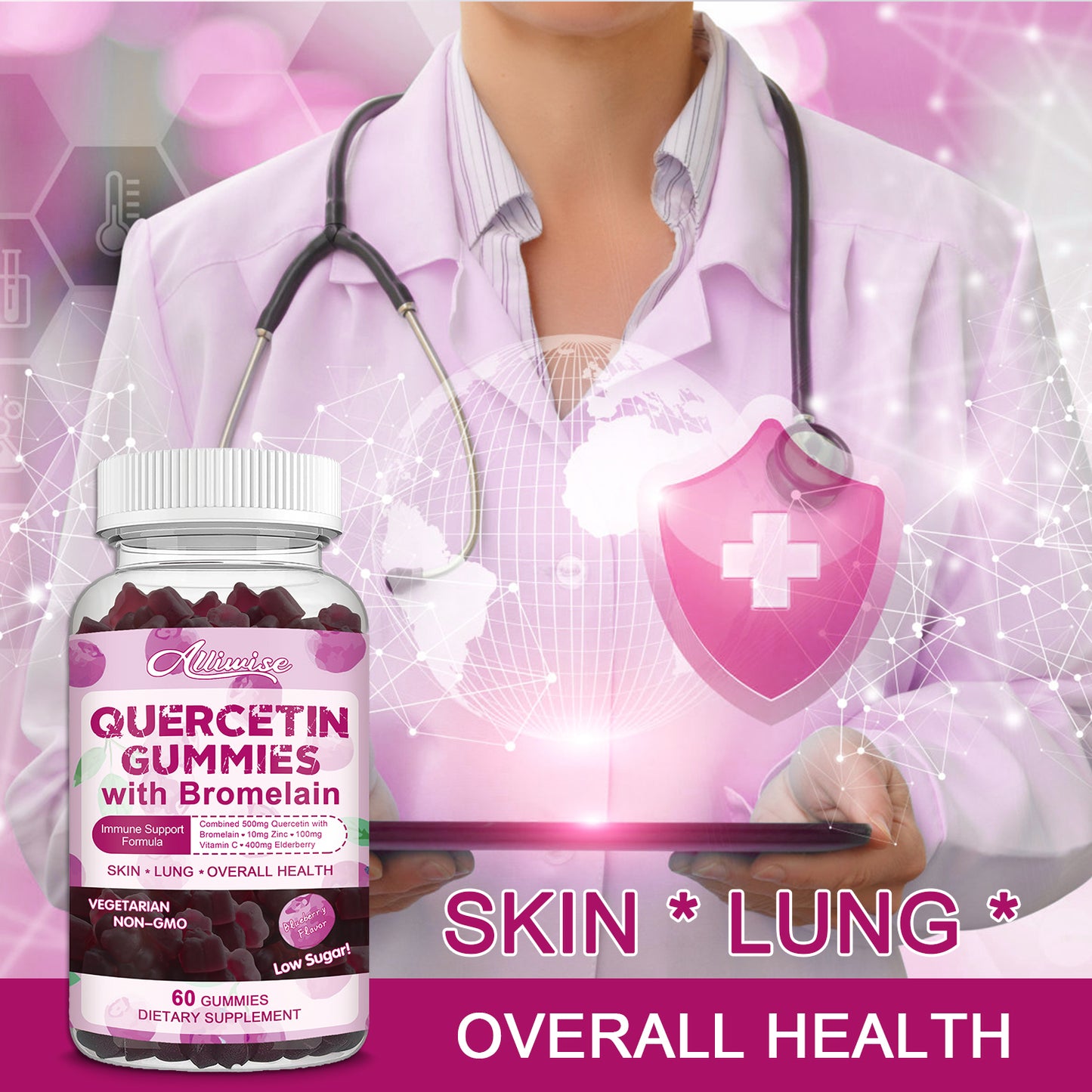 Quercetin 500mg with Bromelain, Zinc Quercetin Gummy with Vitamin C Elderberry
