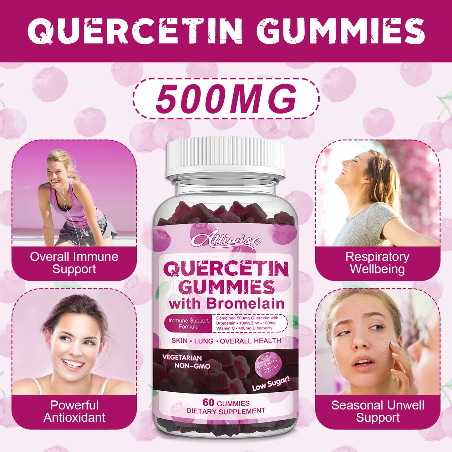 Quercetin 500mg with Bromelain, Zinc Quercetin Gummy with Vitamin C Elderberry