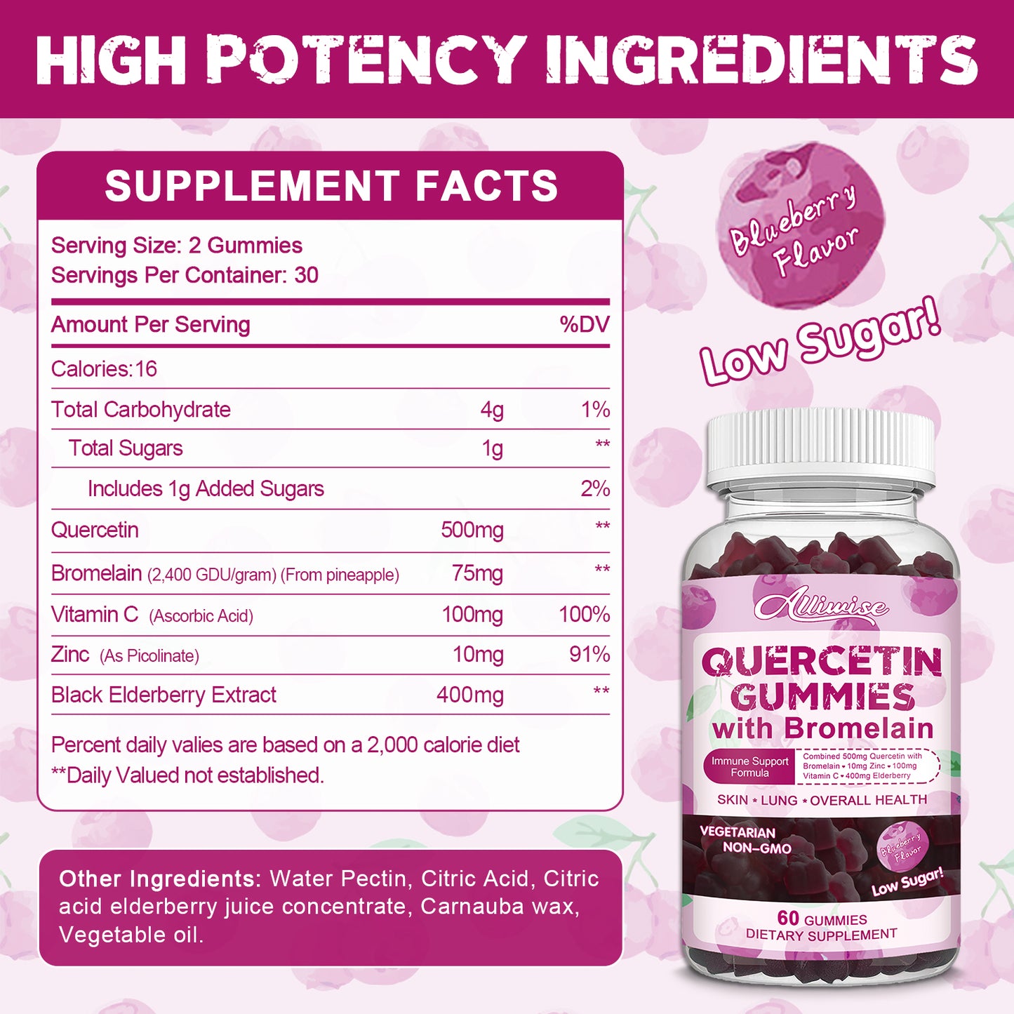 Quercetin 500mg with Bromelain, Zinc Quercetin Gummy with Vitamin C Elderberry
