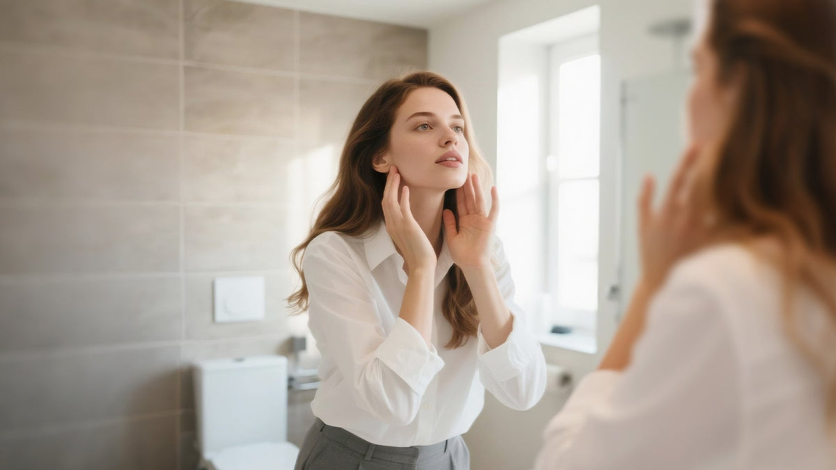 Woman protecting skin with Glutathione antioxidant capsules