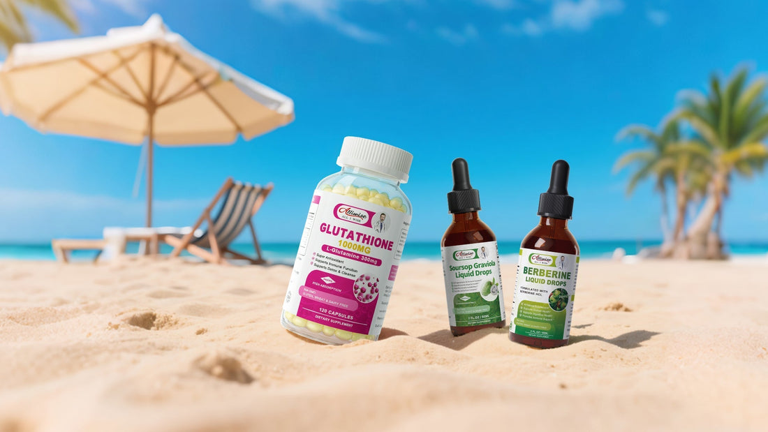Summer supplement stack with glutathione softgels, soursop liquid drops, and berberine for post-UV care