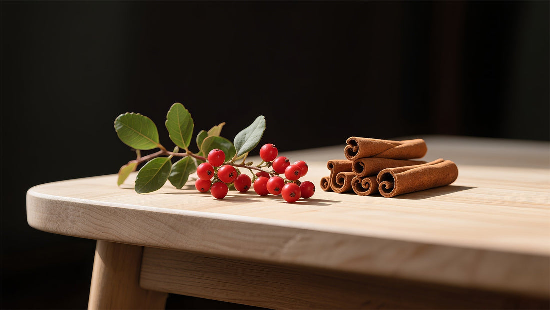 Berberine plant and Ceylon cinnamon sticks displayed on a natural surface, illustrating the raw ingredients for blood sugar and metabolic support.