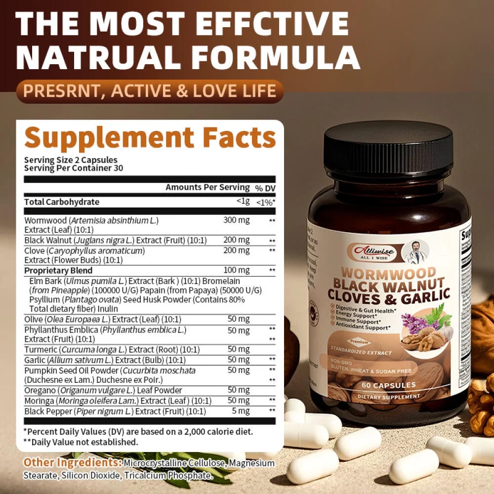 Black Walnut Wormwood Capsules, Rapid Gut Cleanse & Digestive Health with Clove Garlic Turmeric,wormwood black walnut complex, Vegan Gluten-Free, 60 Capsules