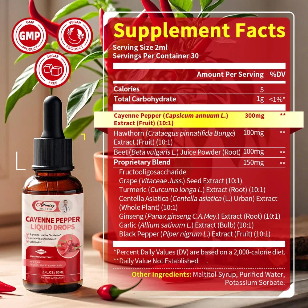 Cayenne Pepper Liquid Drops Supplement, with Hawthorn, Beet Root Powder, Turmeric Curcumin - Cardiovascular Support, Immune Health – 2 Fl Oz , 60 mL