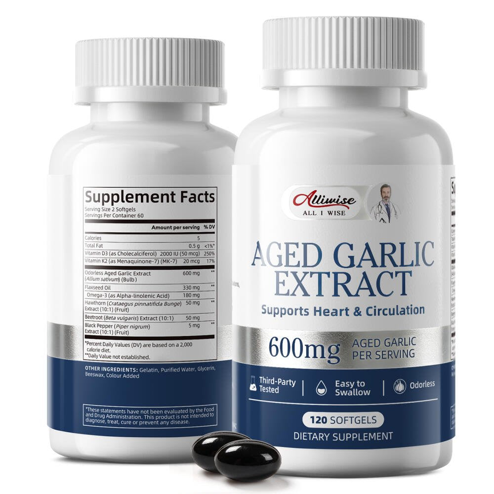 Aged Garlic Extract Softgels - Odorless Aged Garlic Extract Supplement - Heart Health & Immune Support - 120 Softgels