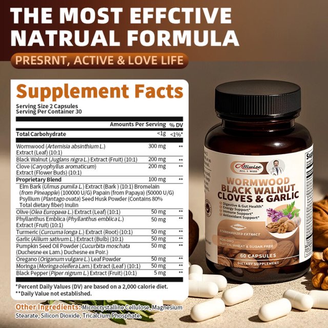 Black Walnut Wormwood Capsules, Gut Cleanse & Digestive Health with Clove Garlic Turmeric,wormwood black walnut complex, 120 Capsules, 2 Pack