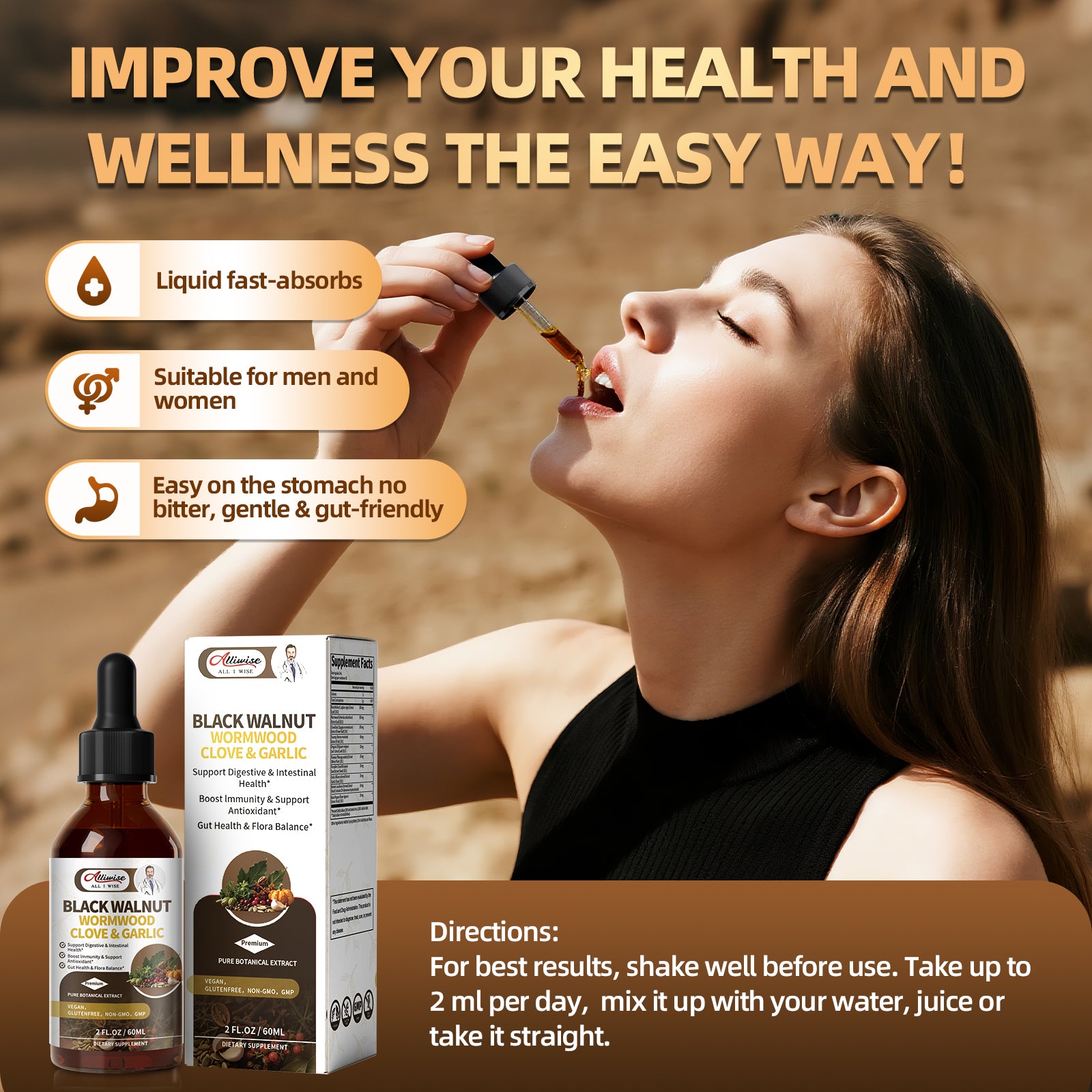Black Walnut Wormwood Tincture – Rapid Gut Cleanse & Digestive Health with Oregano Garlic & Berberine, Wormwood Organic Tincture - Vegan & Sugar Free - 2 fl oz