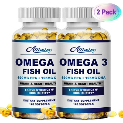 (2 Pack)Alliwise Fish Oil Softgels - Omega 3 Supplement - EPA + DHA - Heart & Brain Health Supplements - 240 Pcs
