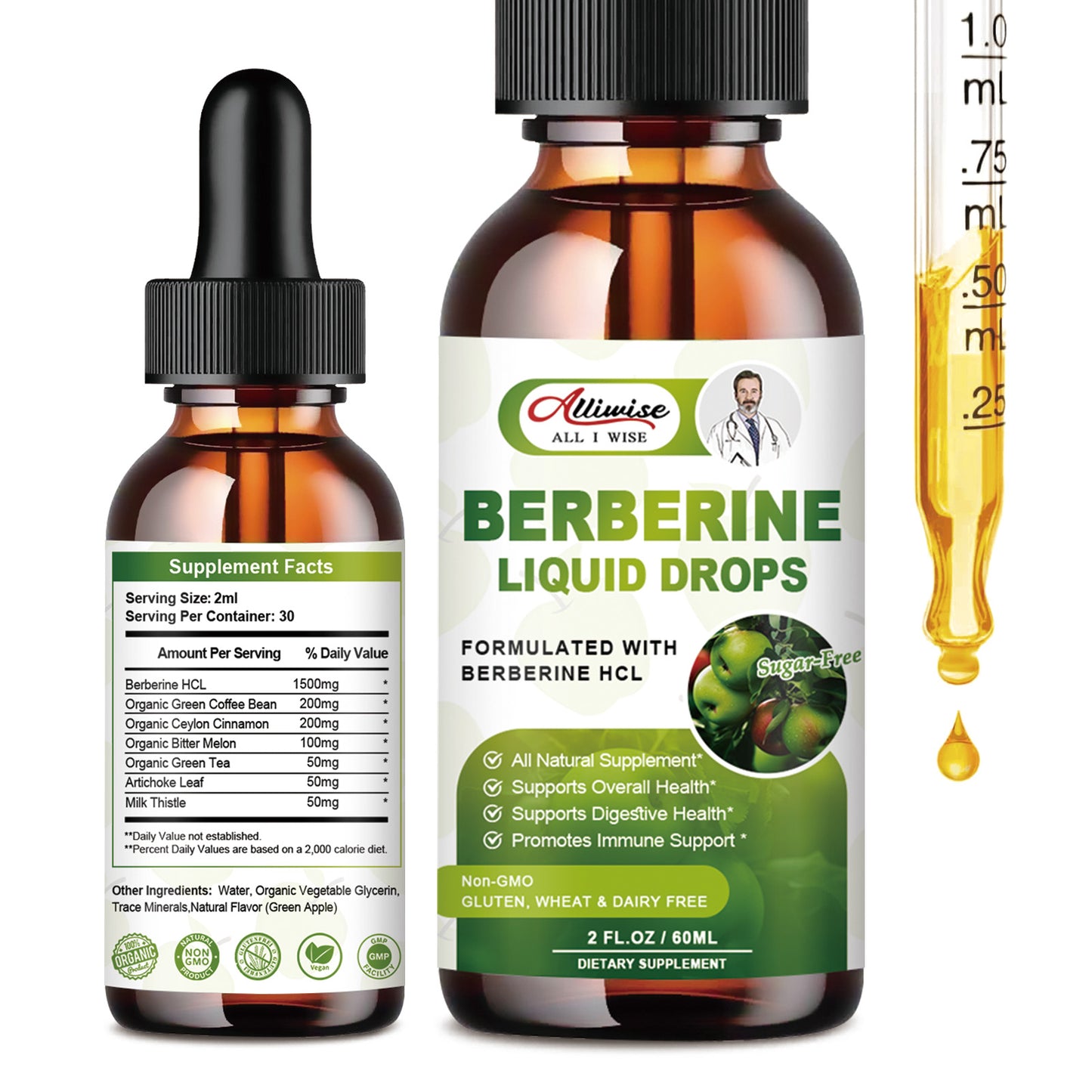 Organic Berberine Supplement Liquid Drops - Premium Berberine HCL 1500mg with Pure Ceylon Cinnamon-7 in 1 Natural Ingredients - Supports Immune System & Digestive System