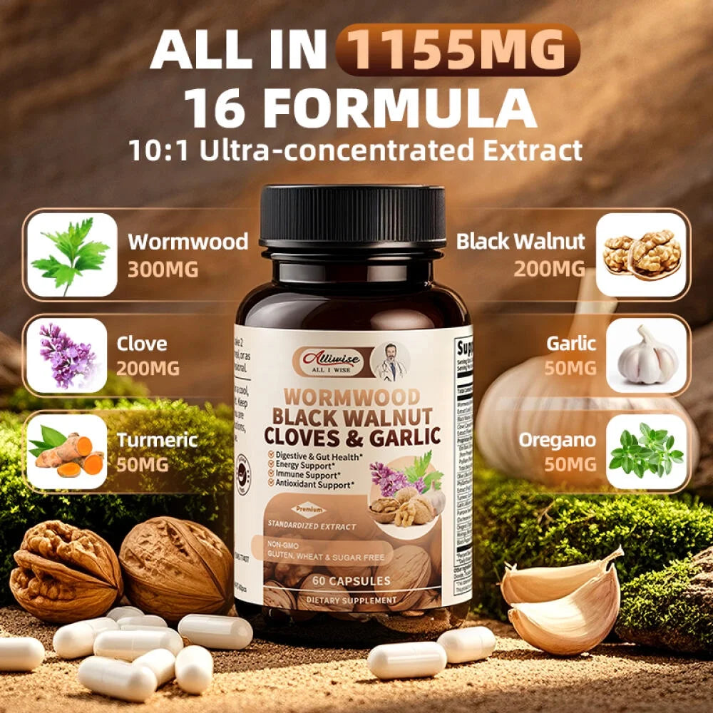 Black Walnut Wormwood Capsules, Rapid Gut Cleanse & Digestive Health with Clove Garlic Turmeric,wormwood black walnut complex, Vegan Gluten-Free, 60 Capsules