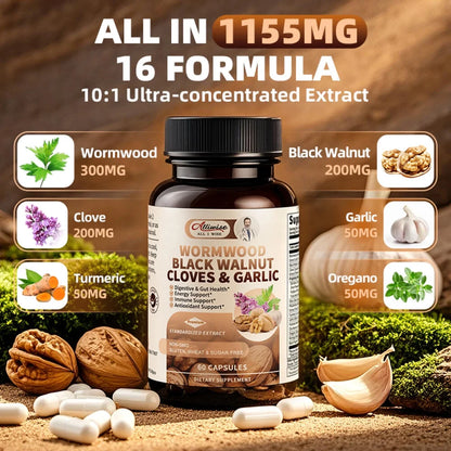 Black Walnut Wormwood Capsules, Rapid Gut Cleanse & Digestive Health with Clove Garlic Turmeric,wormwood black walnut complex, Vegan Gluten-Free, 60 Capsules