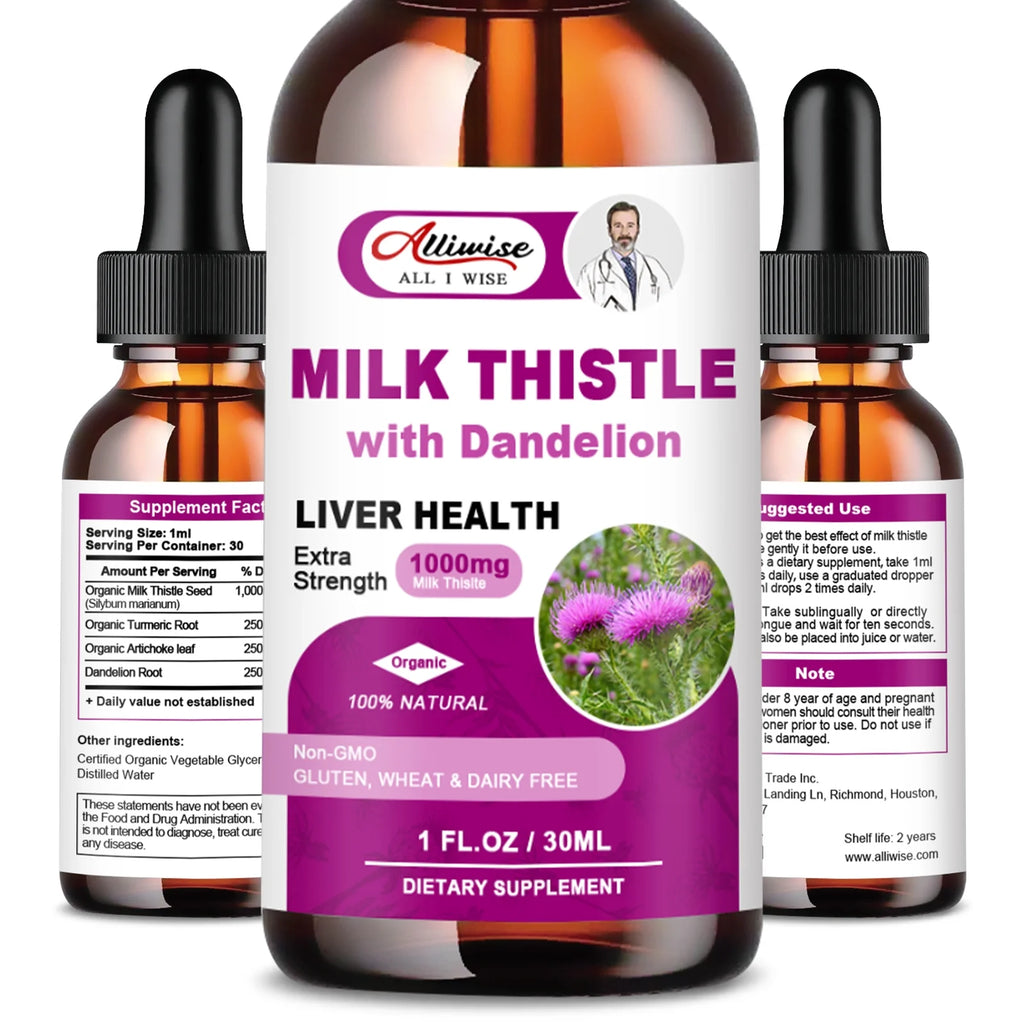 (2 Pack)Alliwise Milk Thistle Drops 1000mg,Silymarin Marianum & Dandelion Root Support Liver Health,Total 2Fl oz