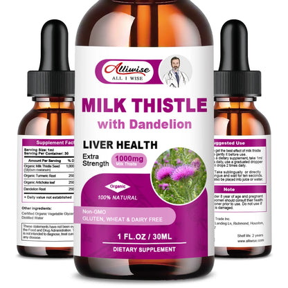 (2 Pack)Alliwise Milk Thistle Drops 1000mg,Silymarin Marianum & Dandelion Root Support Liver Health,Total 2Fl oz