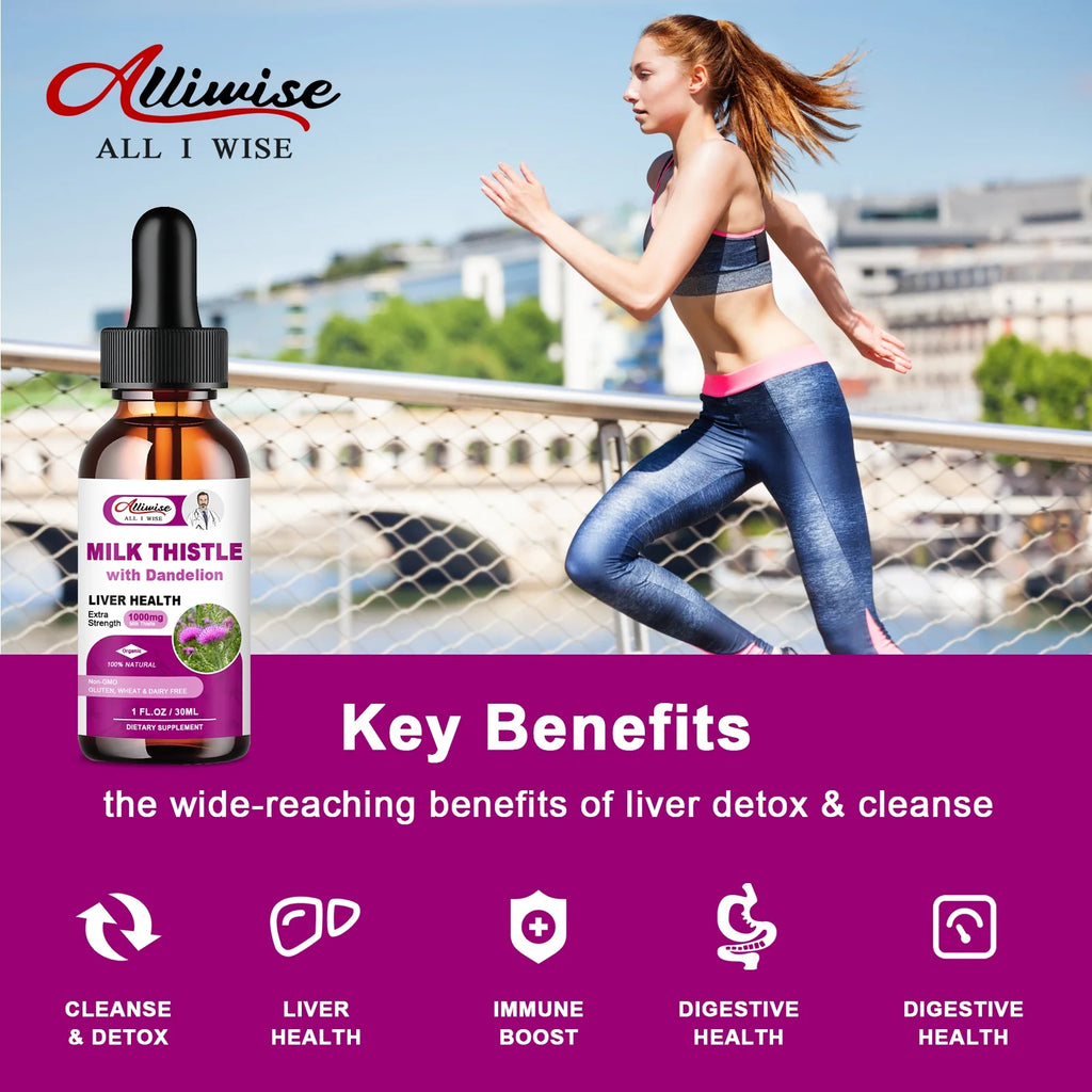 (2 Pack)Alliwise Milk Thistle Drops 1000mg,Silymarin Marianum & Dandelion Root Support Liver Health,Total 2Fl oz