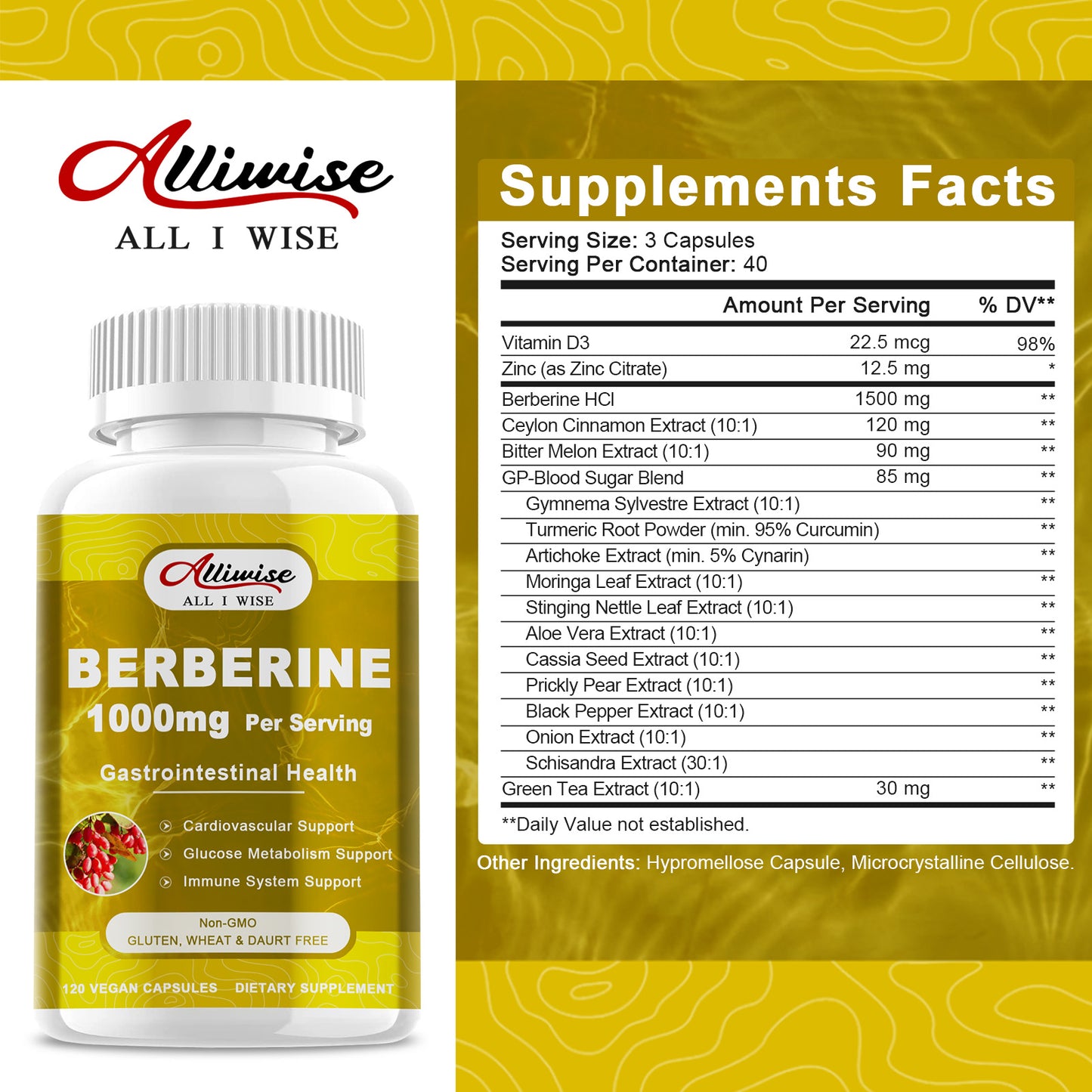 Alliwise Berberine 1000mg Per Serving Capsules