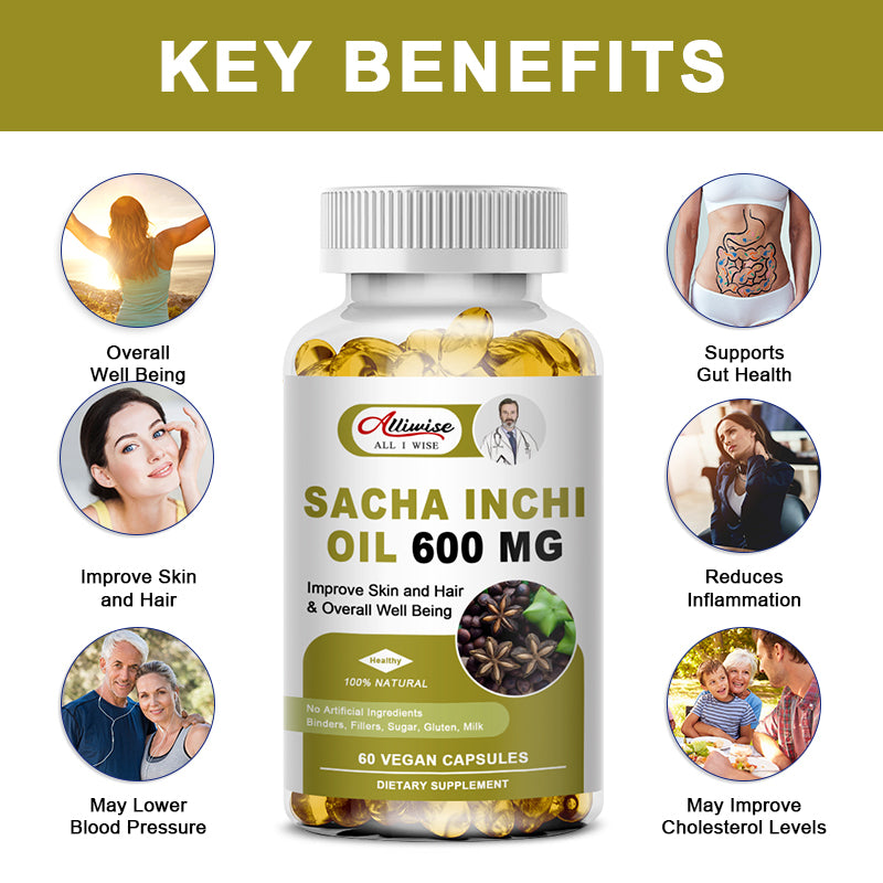 Alliwise Sacha Inchi Oil 600mg Rich Source of Omega 3, 6 and 9 and Antioxidants, Improve Skin and Hair Health & Overall Well Being, 120 Capsules