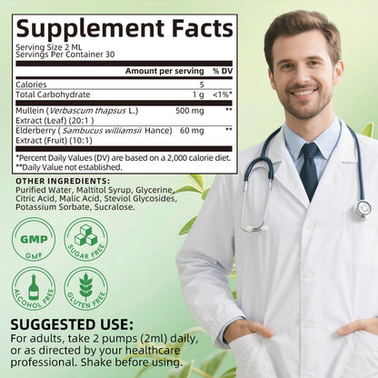 Alliwise® Mullein Leaf Liquid Drops 500mg - 2-in-1 Lung Cleanse & Detox Formula with Elderberry - Respiratory & Breathing Support, Immune & Digestion Defense (2 fl. oz. / 60 mL)